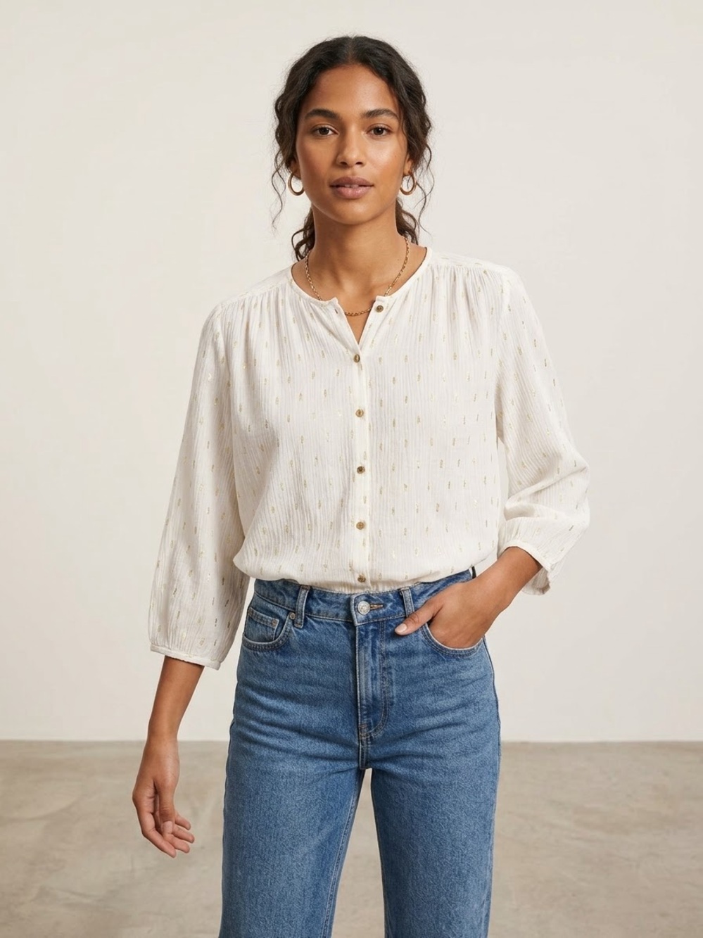 Zara Button Balloon Sleeves Metallic Gold Blouse Large White casual fall